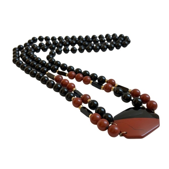 Vintage Beaded Necklace Double Strand w/ Plaque Marble or Glass - Picture 4 of 7